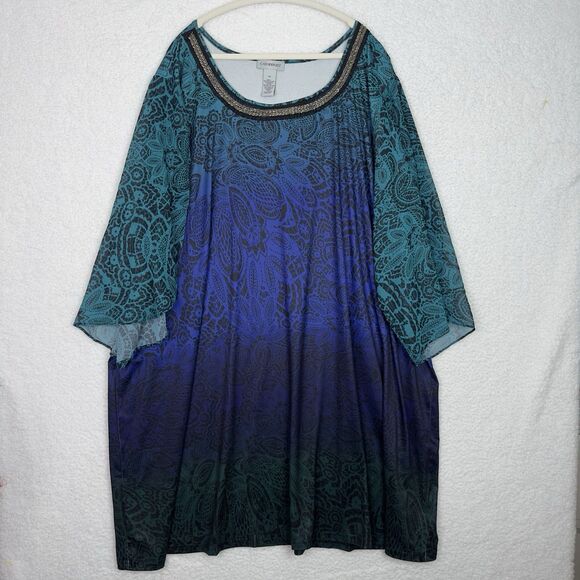 Catherines Midi Shift Dress 5X Tulip Slit Sleeve Ombré Embellishment Neck Boho - Picture 2 of 13